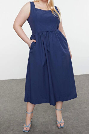 Moda Fit Casual Günlük Poplin Dokuma Kare Yaka Askılı Kol Skater Mini Boy Büyük Beden Elbise