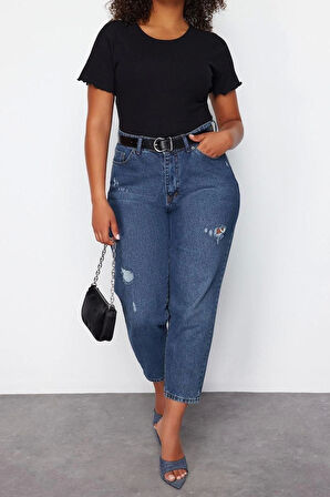 Moda Büyük Beden Bisiklet Yaka Örme Fit Geometrik Desen Casual Günlük Regular Kısa Kol Bluz