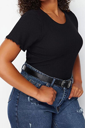 Moda Büyük Beden Bisiklet Yaka Örme Fit Geometrik Desen Casual Günlük Regular Kısa Kol Bluz