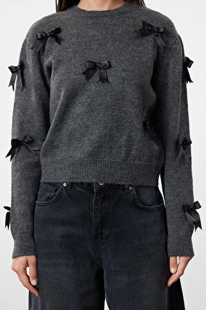 Kadın Modern Tarz Rahat Uzun Bisiklet Yaka Düz Kol Regular Triko Kazak