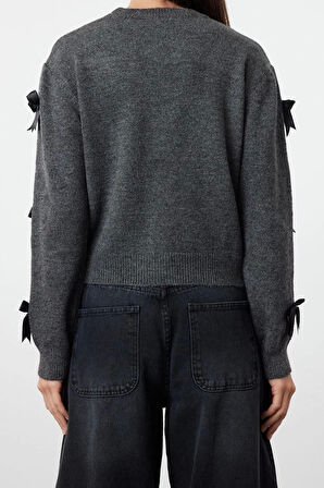 Kadın Modern Tarz Rahat Uzun Bisiklet Yaka Düz Kol Regular Triko Kazak