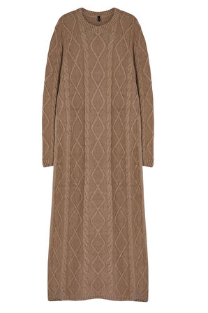 Moda Stil Regular Bisiklet Yaka Maxi Boy Tesettür Saç Örgü Desenli Yumuşak Dokulu Triko Elbise