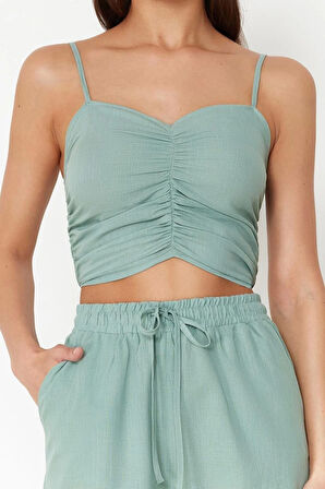 Moda Dokuma Düz V Yaka Plaj Mint Dokuma Bluz Pantolon Takım TBESS24AU00076