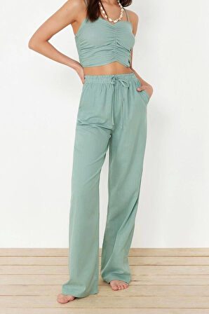 Moda Dokuma Düz V Yaka Plaj Mint Dokuma Bluz Pantolon Takım TBESS24AU00076