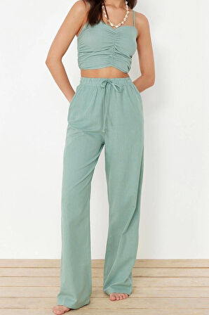 Moda Dokuma Düz V Yaka Plaj Mint Dokuma Bluz Pantolon Takım TBESS24AU00076