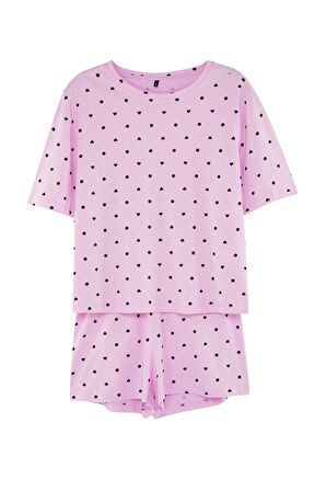 Tarz Rahat Kısa Kollu Boru Paça %100 Pamuklu Kalp Desenli T-shirt-Şort Örme Pijama Takımı
