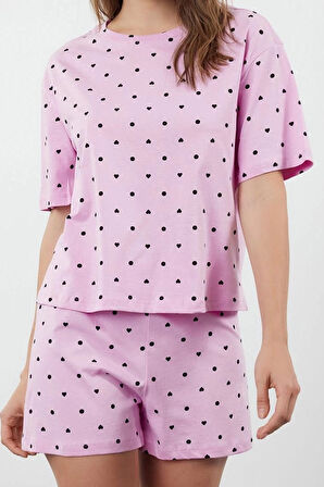 Tarz Rahat Kısa Kollu Boru Paça %100 Pamuklu Kalp Desenli T-shirt-Şort Örme Pijama Takımı