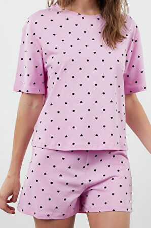 Tarz Rahat Kısa Kollu Boru Paça %100 Pamuklu Kalp Desenli T-shirt-Şort Örme Pijama Takımı