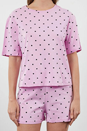 Tarz Rahat Kısa Kollu Boru Paça %100 Pamuklu Kalp Desenli T-shirt-Şort Örme Pijama Takımı