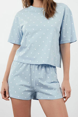 Tarz Rahat Kısa Kollu Boru Paça %100 Pamuklu Kalp Desenli T-shirt-Şort Örme Pijama Takımı