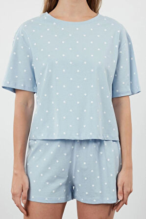 Tarz Rahat Kısa Kollu Boru Paça %100 Pamuklu Kalp Desenli T-shirt-Şort Örme Pijama Takımı