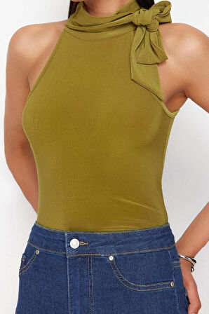 Moda Dik Yaka Örme Regular Düz Desen Casual Günlük Crop Kolsuz Bluz