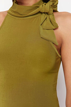 Moda Dik Yaka Örme Regular Düz Desen Casual Günlük Crop Kolsuz Bluz