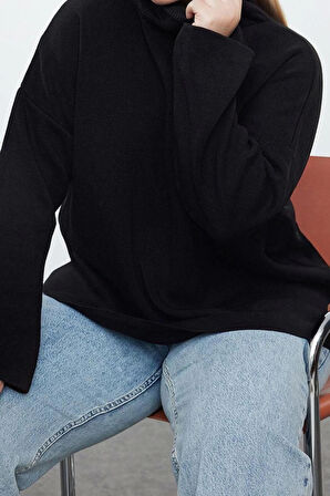 Büyük Beden Kadın Modern Tarz Rahat Uzun Balıkçı Yaka Düz Kol Regular Triko Kazak