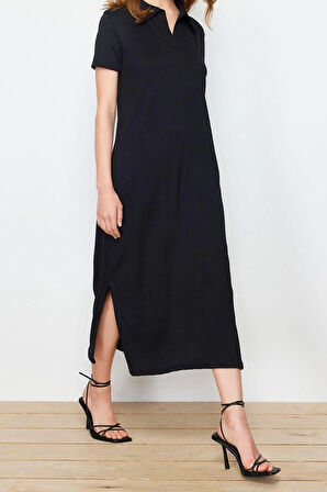 Moda Kısa Kollu Polo Yaka Midi Elbise Bej Polo Yaka Shift Normal Kesim Midi Örme Elbise