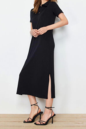 Moda Kısa Kollu Polo Yaka Midi Elbise Bej Polo Yaka Shift Normal Kesim Midi Örme Elbise