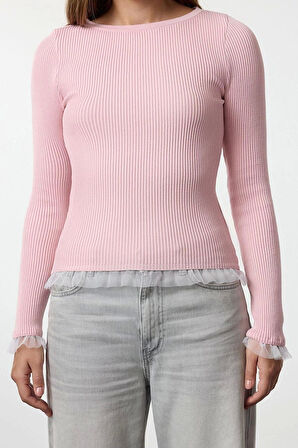 Stil Modern Kadın Regular Standart Kol Kayık Yaka Tül Detaylı İnce Triko Kazak