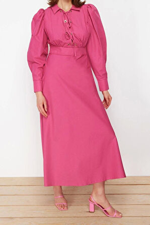 Moda Regular Casual Günlük Poplin Dokuma Gömlek Yaka Uzun Kol A-Line Maxi Boy Tesettür Elbise