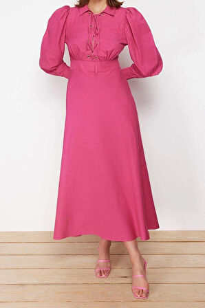 Moda Regular Casual Günlük Poplin Dokuma Gömlek Yaka Uzun Kol A-Line Maxi Boy Tesettür Elbise