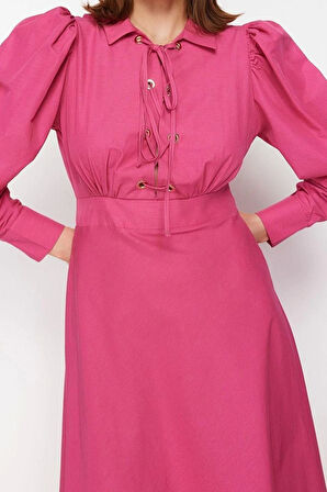 Moda Regular Casual Günlük Poplin Dokuma Gömlek Yaka Uzun Kol A-Line Maxi Boy Tesettür Elbise