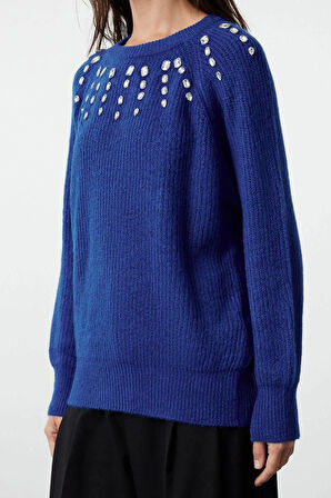 Stil Modern Kadın Regular Standart Kol Bisiklet Yaka Yumuşak Dokulu Taş Detaylı Triko Kazak