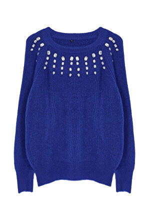 Stil Modern Kadın Regular Standart Kol Bisiklet Yaka Yumuşak Dokulu Taş Detaylı Triko Kazak