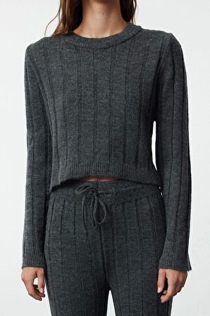 Tarz Kadın Modern Moda Normal Bel Boru Paça Bisiklet Yaka Crop Kazak-Pantolon Triko Alt-Üst Takım