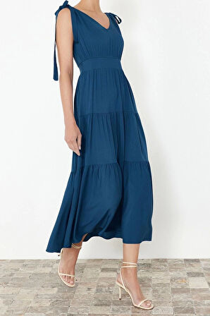 Moda Regular Casual Günlük Shally Dokuma V Yaka Kolsuz Kol Skater Maxi Boy Elbise