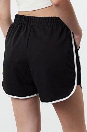 Moda Örme Normal Bel Boru Paça Gündelik Siyah Biye Detaylı Mini Şort Bermuda