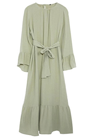 Moda Stil Relaxed Bisiklet Yaka Maxi Boy Tesettür Eteği Fırfırlı Müslin Dokuma Elbise