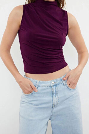 Moda Dik Yaka Örme Fit Düz Desen Casual Günlük Crop Kolsuz Bluz