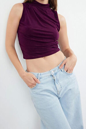 Moda Dik Yaka Örme Fit Düz Desen Casual Günlük Crop Kolsuz Bluz