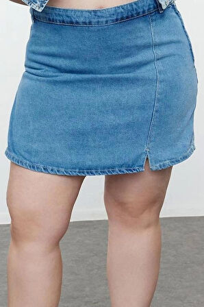 Büyük Beden Moda Denim Yüksek Bel Geniş Paça Gündelik Mavi Yırtmaçlı Şort Etek