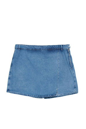 Büyük Beden Moda Denim Yüksek Bel Geniş Paça Gündelik Mavi Yırtmaçlı Şort Etek