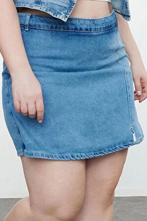 Büyük Beden Moda Denim Yüksek Bel Geniş Paça Gündelik Mavi Yırtmaçlı Şort Etek