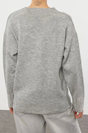 Stil Modern Kadın Regular Standart Kol Bisiklet Yaka Yumuşak Dokulu Taşlı Triko Kazak