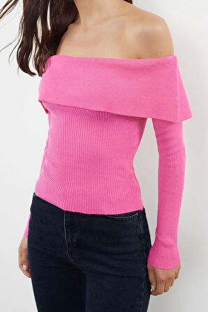 Stil Modern Kadın Regular Düşük Kol Carmen Yaka Özel İplik Triko Kazak