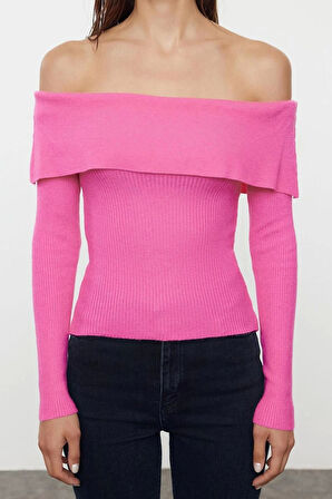 Stil Modern Kadın Regular Düşük Kol Carmen Yaka Özel İplik Triko Kazak