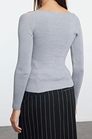 Stil Modern Kadın Regular Standart Kol Kalp Yaka Simli İplik Triko Kazak