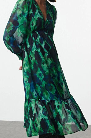 Moda Stil Regular V Yaka Midi Boy Soyut Desenli Belden Açılan Astarlı Şifon Dokuma Elbise