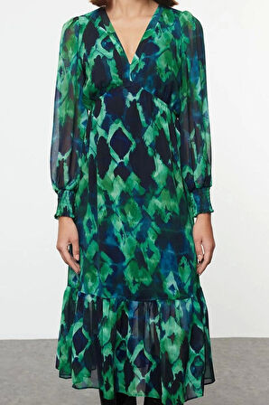 Moda Stil Regular V Yaka Midi Boy Soyut Desenli Belden Açılan Astarlı Şifon Dokuma Elbise