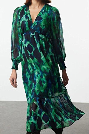 Moda Stil Regular V Yaka Midi Boy Soyut Desenli Belden Açılan Astarlı Şifon Dokuma Elbise