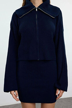 Tarz Kadın Modern Moda Normal Bel Boru Paça Devrik Yaka Devrik Yaka Triko Alt-Üst Takım