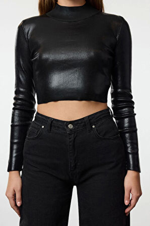 Stil Modern Kadın Crop Standart Kol Dik Yaka Basic Varak Baskılı Triko Kazak