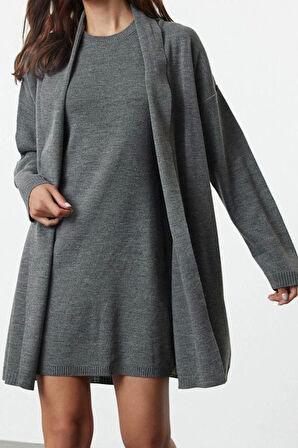 Moda Stil Regular Bisiklet Yaka Mini Boy Triko Elbise-Hırka
