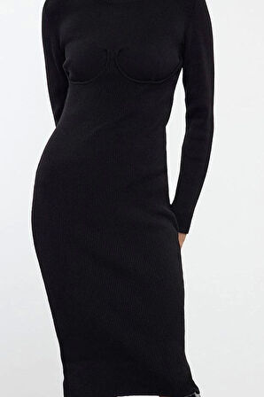 Moda Stil Slim Dik Yaka Midi Boy Triko Korse Detaylı Yumuşak Dokulu Elbise
