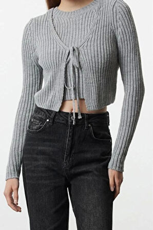 Kadın Modern Tarz Slim V Yaka Crop Triko Hırka