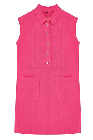 Moda Stil Relaxed Gömlek Yaka Mini Boy Düz Kesim Cepli Keten Görünümlü Dokuma Elbise