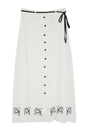 Moda Tesettür Relaxed Nakışlı Günlük Maxi Boy Astarlı Nakışlı Kemerli Düğme Detaylı Dokuma Etek