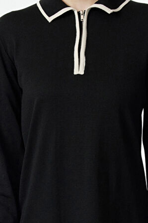 Moda Stil Fitted Polo Yaka Maxi Boy Tesettür Ekru Biyeli Fermuarlı Triko Elbise